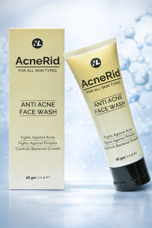 Acne Rid Anti Acne Face Wash packaging with a blue bubble background