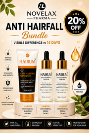 Novelax Pharma Anti Hairfall Bundle promotional graphic featuring three hair care products on a beige background with promotional text, discount badge, and ingredient icons. The products include a tube of Hairum Anti Hairfall Shampoo and two dropper bottles of Hairum Anti Hairfall Serum.