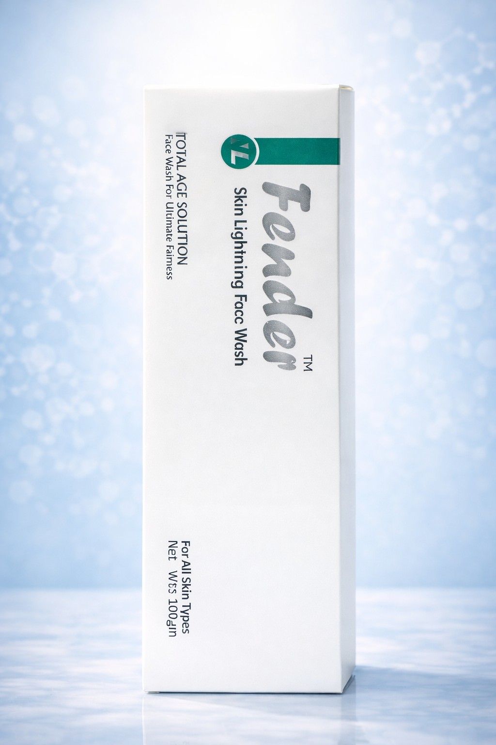 Fender Skin Lightening Face Wash packaging on a light blue gradient background