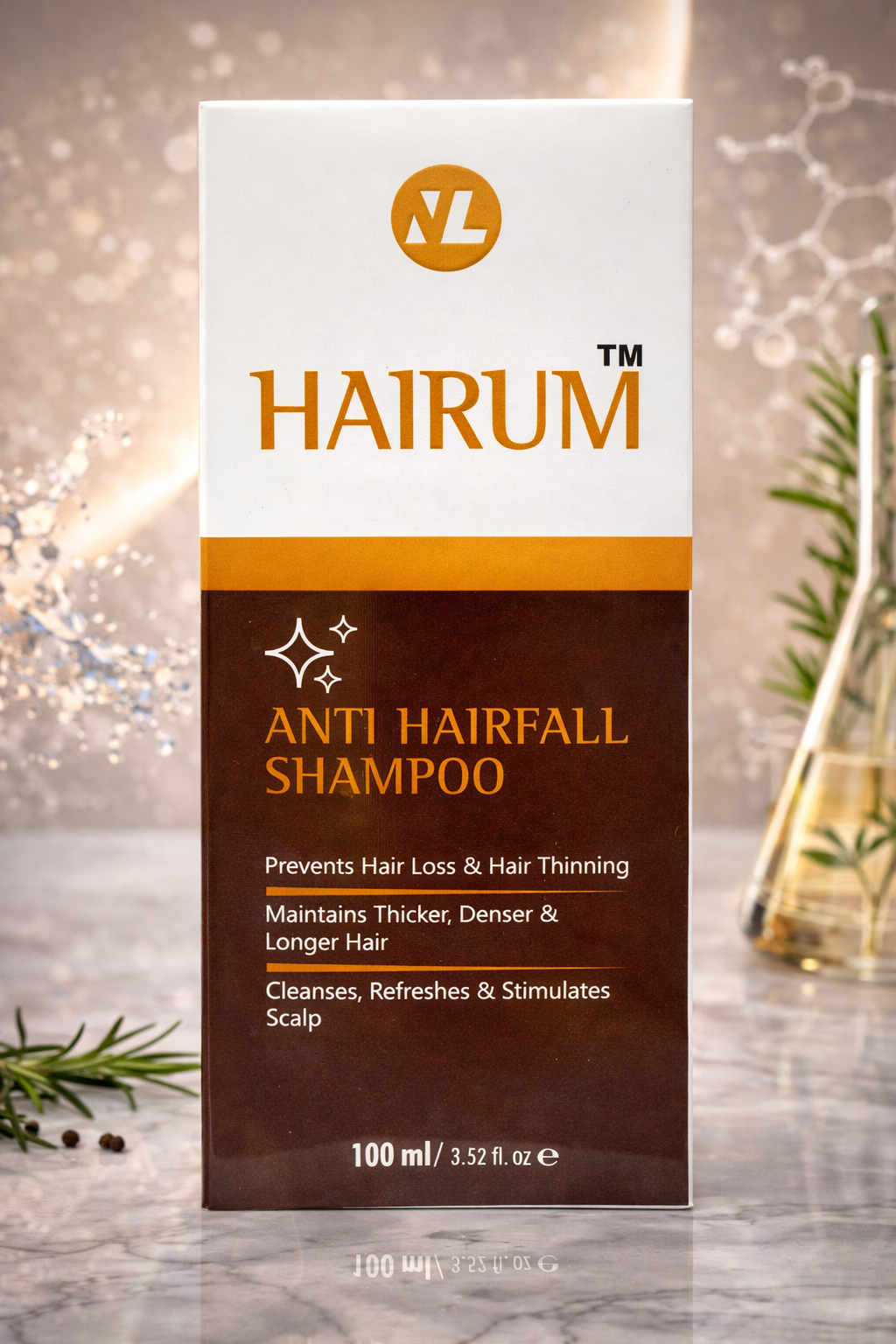 Hairum Anti Hairfall Shampoo packaging on a decorative background