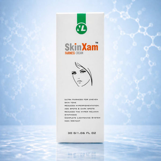 SkinXam fairness cream box on a light blue background