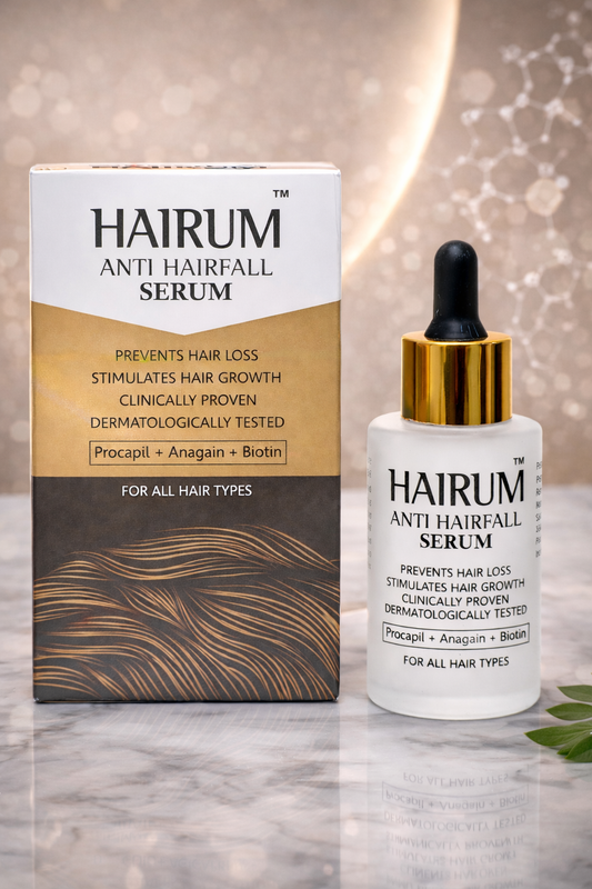 Hairum Anti Hairfall Serum bottle and packaging for healthier-looking hair and scalp nourishment support
