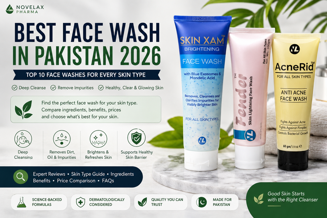 A comparison of popular face washes for brightening, skin lightening and acne-prone skin, including Skin Xam, Fender and AcneRid by Novelax Pharma.