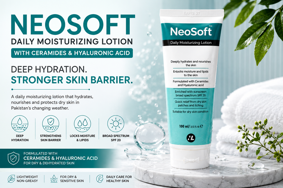 Neosoft Daily Moisturizing Lotion is formulated with ceramides and hyaluronic acid to help hydrate dry skin and support the skin barrier.