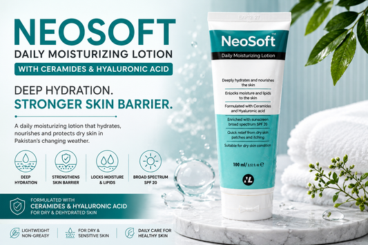 Neosoft Daily Moisturizing Lotion is formulated with ceramides and hyaluronic acid to help hydrate dry skin and support the skin barrier.