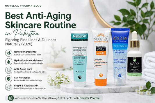 Anti-aging skincare routine products by Novelax Pharma for fine lines and dullness in Pakistan
