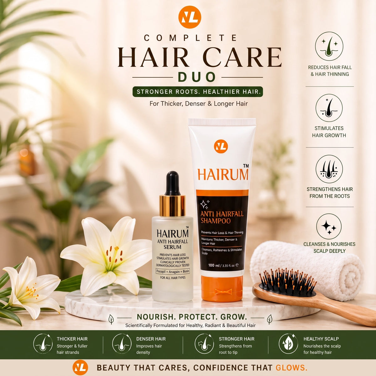 Hairum Anti Hairfall Serum and Anti Hairfall Shampoo by Novelax Pharma, the complete hair care duo for hair fall in Pakistan