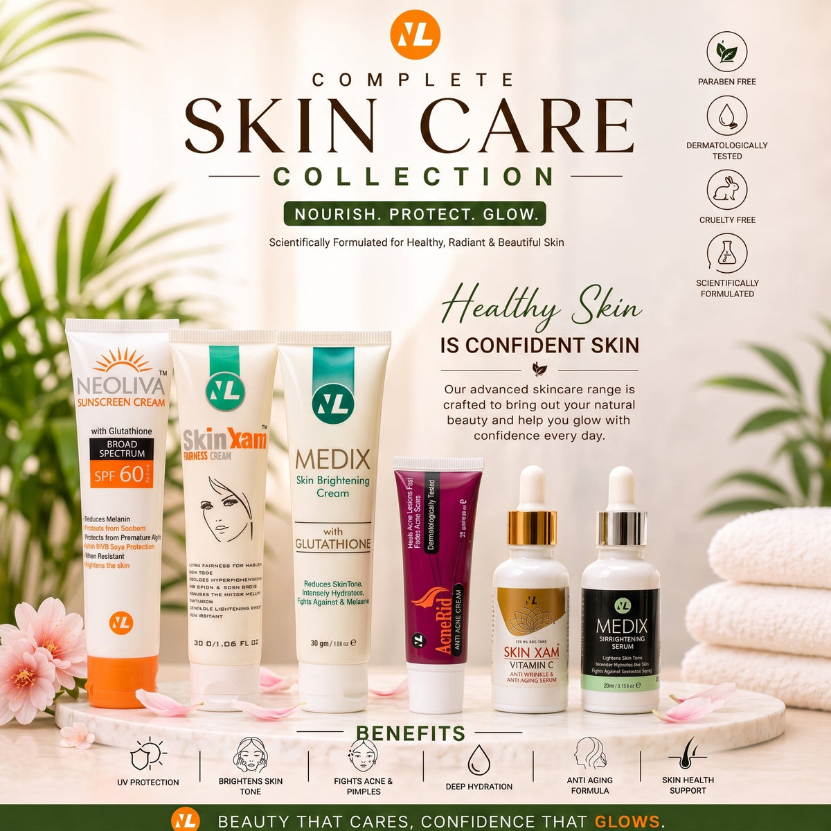 Novelax Pharma skin care range in Pakistan: Neoliva SPF 60 sunscreen, Skin Xam fairness cream, MEDIX brightening cream and serums