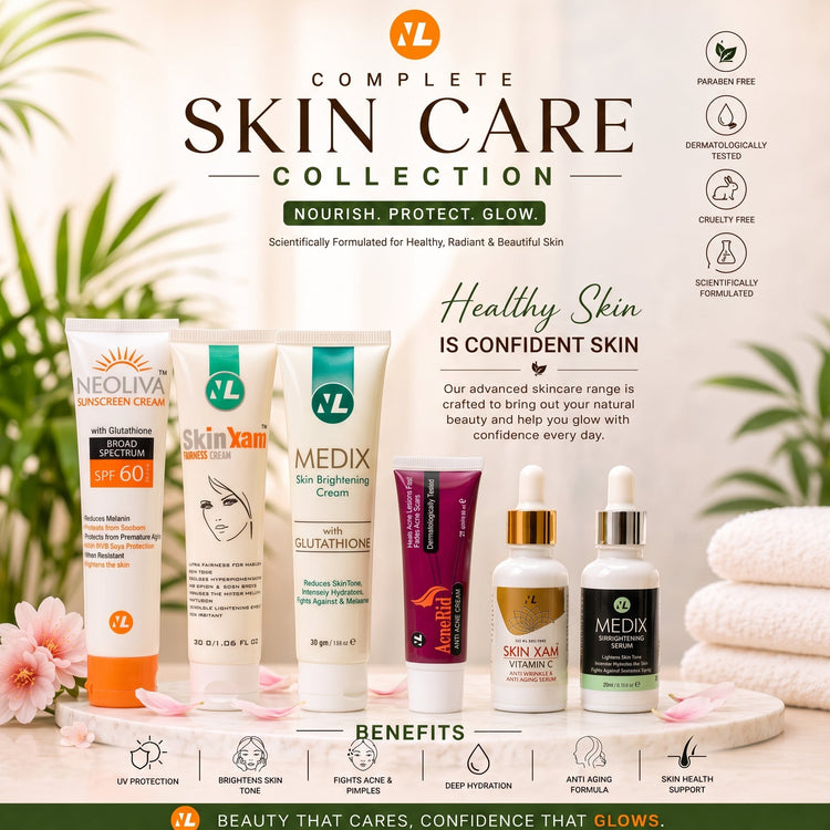 Novelax Pharma skin care range in Pakistan: Neoliva SPF 60 sunscreen, Skin Xam fairness cream, MEDIX brightening cream and serums