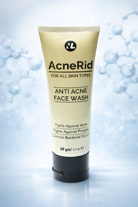 AcneRid anti-acne face wash tube on a light blue background with bubbles