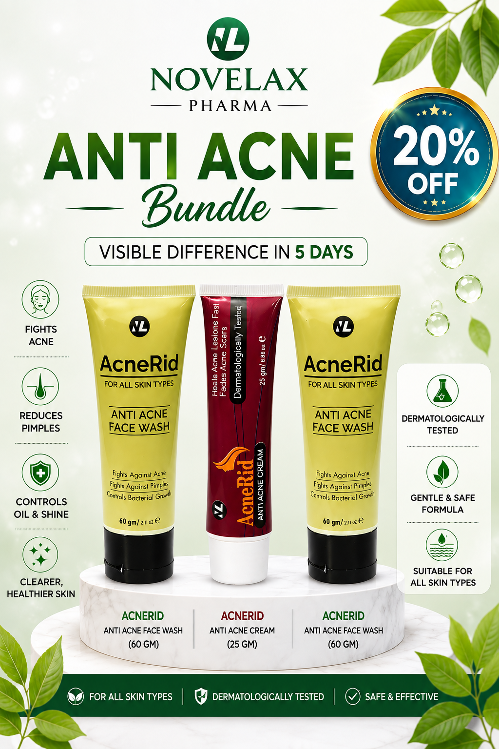 Novelax Pharma Anti Acne Bundle featuring three skincare tubes: two yellow AcneRid face wash and cream tubes and one red AcneRid face cream tube, displayed on a white pedestal with promotional text and leaf graphics.