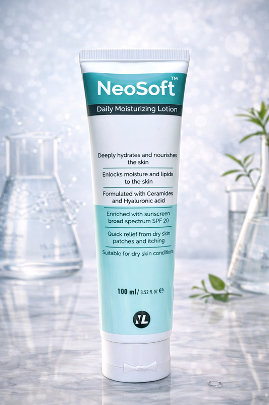 Neosoft daily moisturizing lotion tube on a reflective surface with blurred background