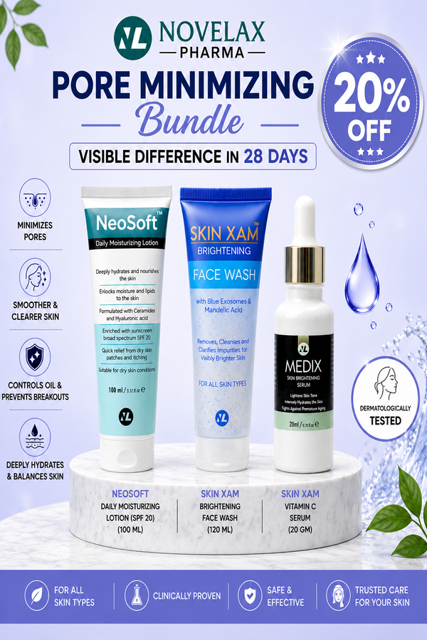 Novelax Pharma Pore Minimizing Bundle featuring three skincare products: NeoSoft Moisturizing Lotion, Skin Xam Brightening Face Wash, and Skin Xam Vitamin C Serum, displayed on a white marble pedestal with promotional text and discount badges.