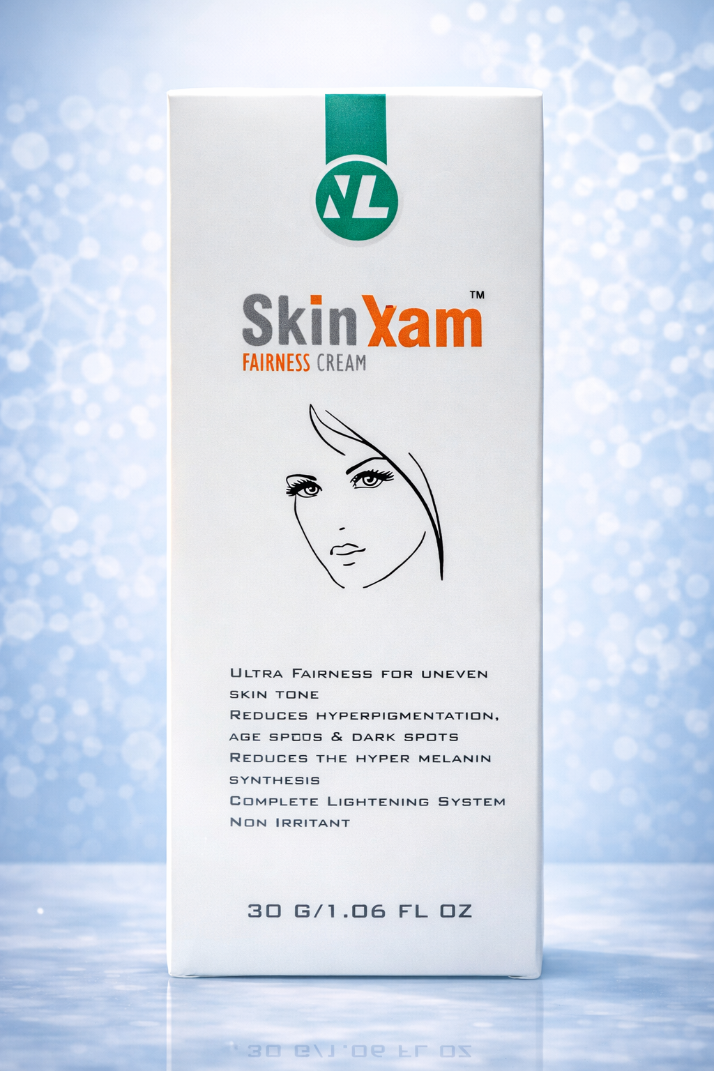 SkinXam fairness cream packaging on a light blue background