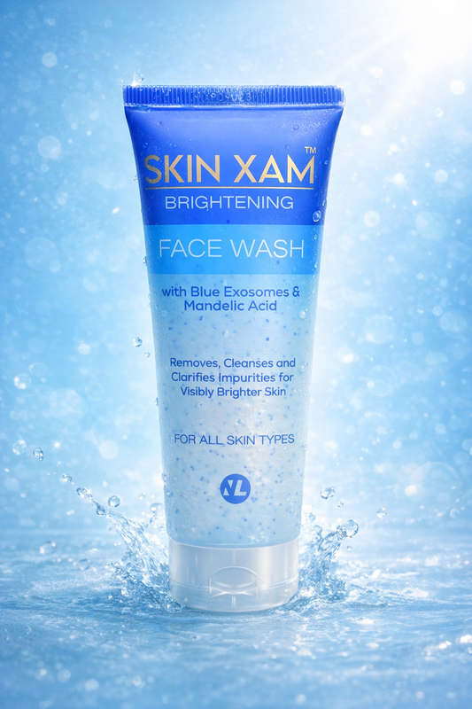 Tube of Skin Xam Brightening Face Wash on a blue background