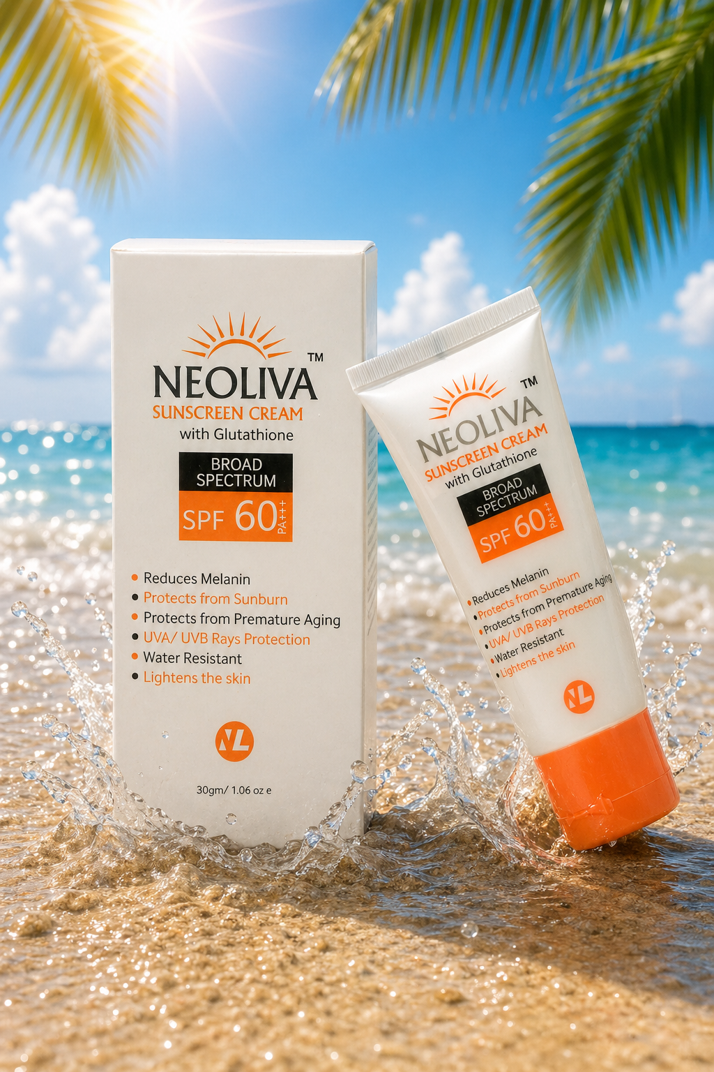 Brightening SPF 60 sunscreen cream with Glutathione, Zinc Oxide and Titanium Dioxide for daily skin protection