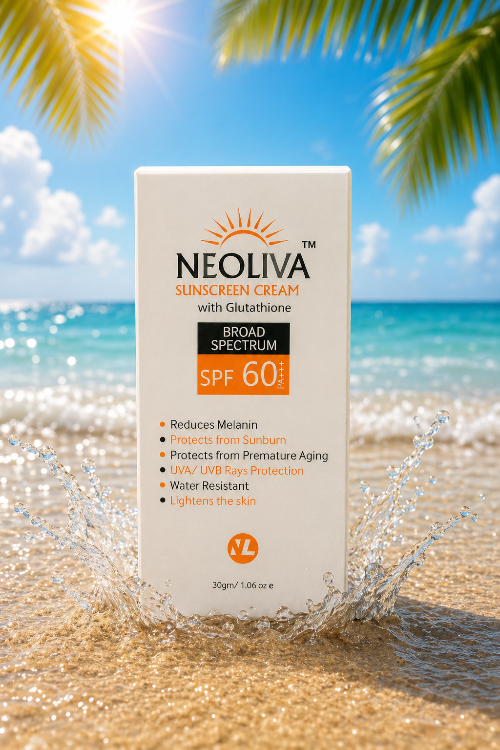 Neoliva SPF 60 broad spectrum sunscreen cream for healthier-looking glowing skin and daily sun protection