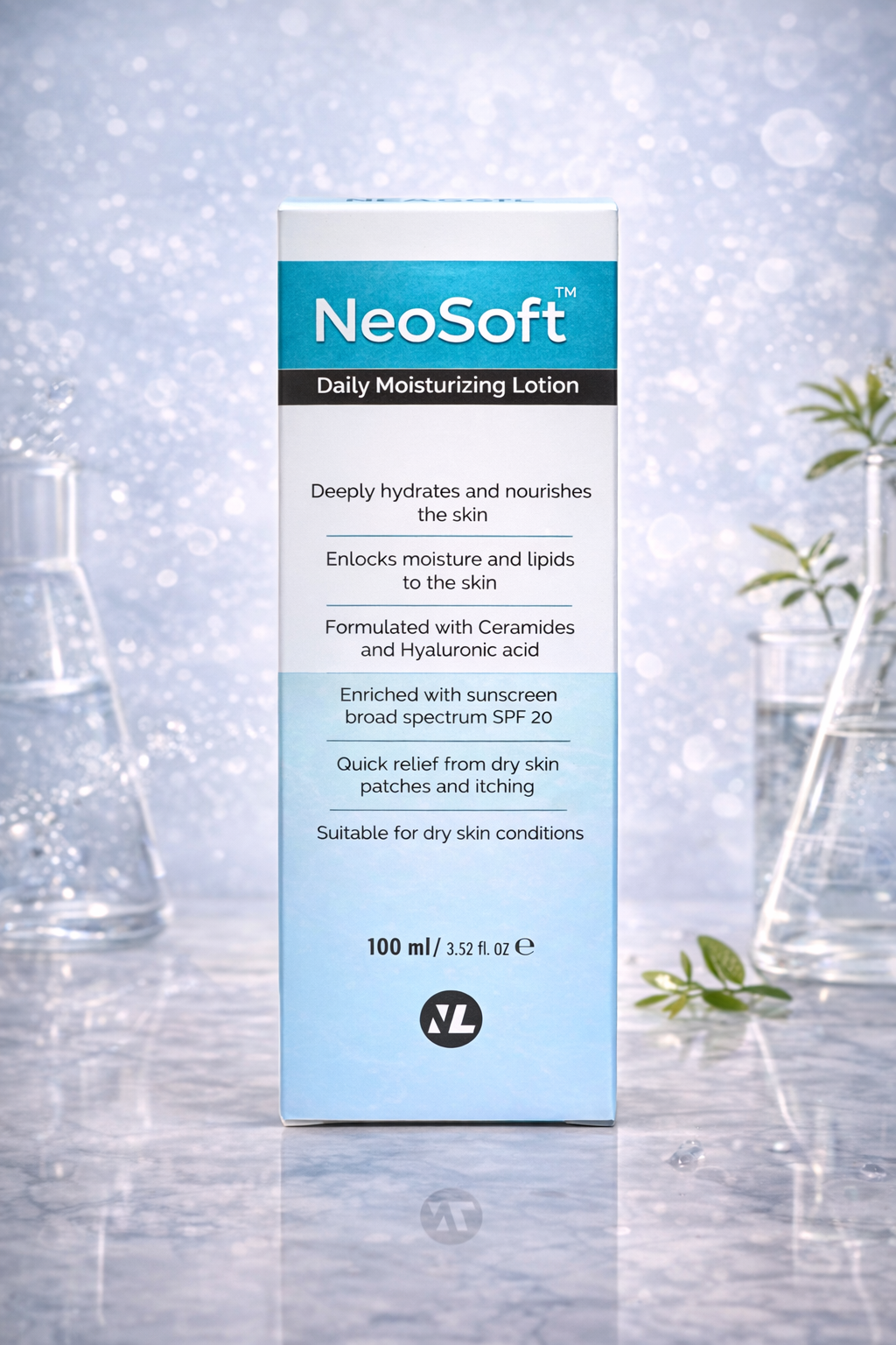 Daily skincare routine with NeoSoft Moisturizing Lotion and Neoliva SPF 60 Sunscreen for hydrated and protected skin in Pakistan