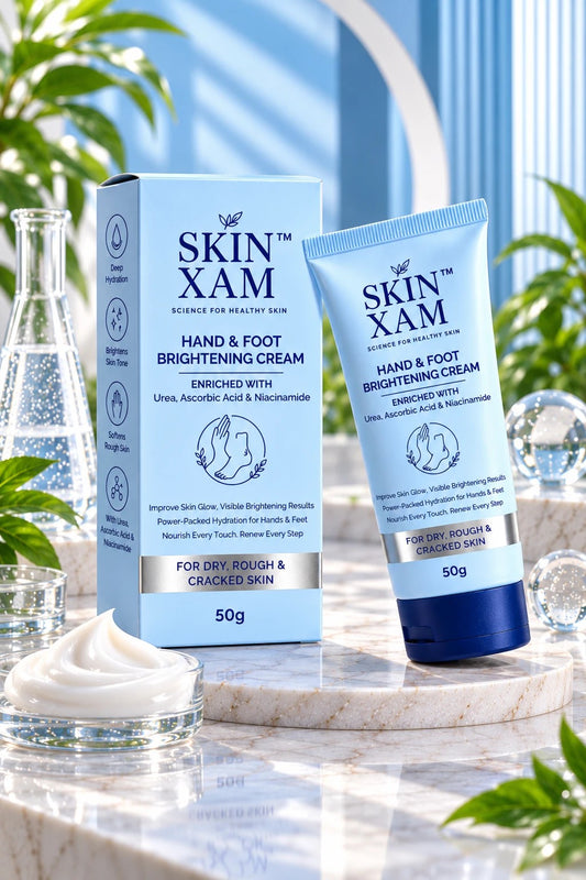 Skin Xam Hand & Foot Brightening Cream box and tube by Novelax Pharma Pakistan